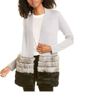 The Cashmere Project Rabbit Fur Trim Open Front Cardigan Sweater Grey XS